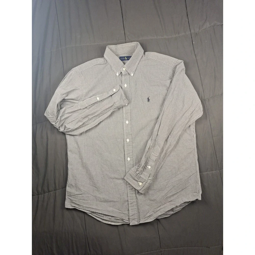 Polo Ralph Lauren Button Front Large Shirt‎ Black White Gingham Check Preppy